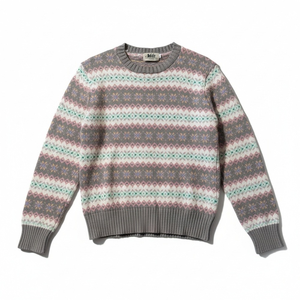 VTG REI Fair Isle Knit Sweater Crewneck Long Sleeve Gray Pink Green Size L